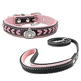 Newtensina Hundehalsband und Leine Set Nylonbänder gewebter Bling Kragen Leder Diamante Welpen Halsband mit Leinen für Hunde - Pink - S
