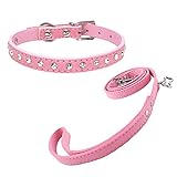 Newtensina Netter Diamante Welpen Halsband und Leine Set Bling Wildleder Halsband mit Leine für kleine Hunde Katzen - Pink - XS