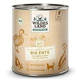 Wildes Land - Nassfutter für Hunde - Bio Ente - 6 x 800 g - Getreidefrei - Extra hoher Fleischanteil von 60% - 100% zertifizierte Bio-Zutaten - Beste Akzeptanz und Verträglichkeit